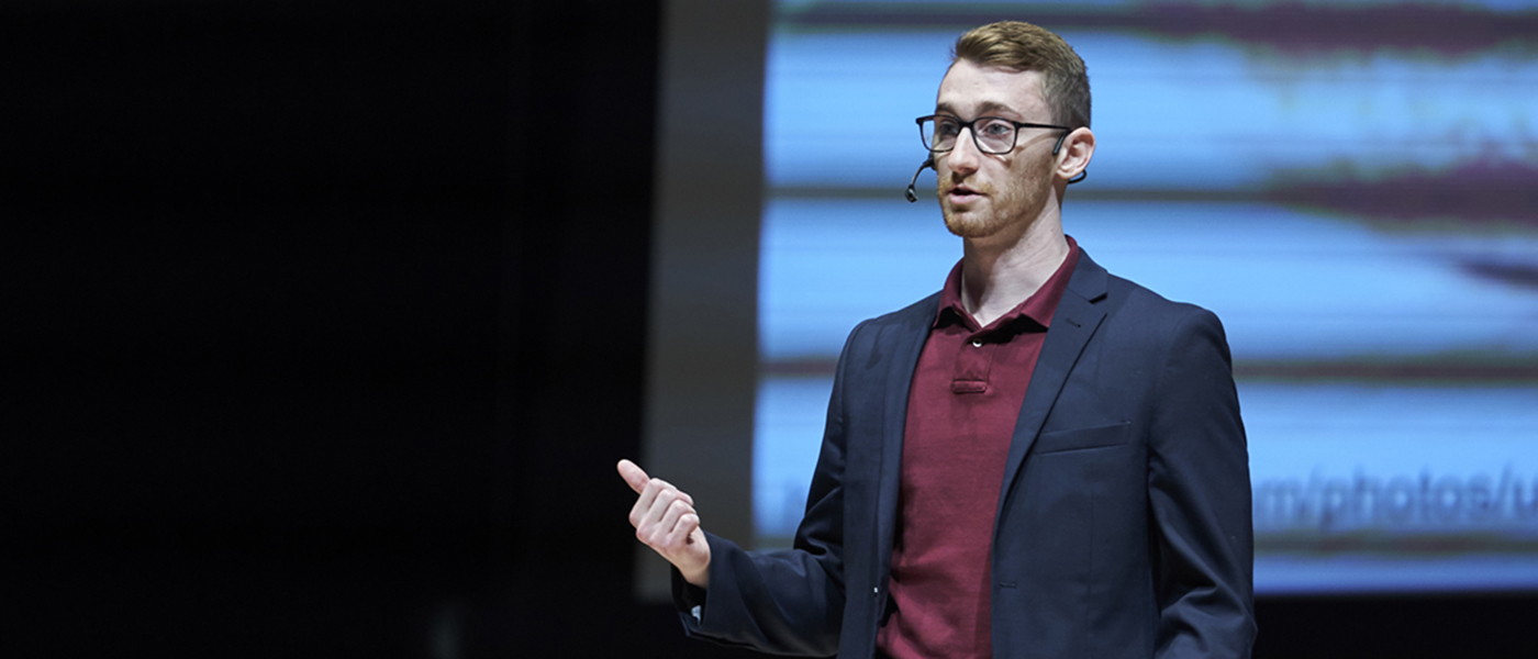 Matthew Campea presents his 3MT on the Concert Stage in L.R.Wilson Hall.
