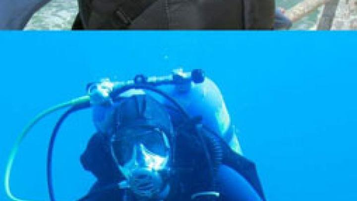 Beverly Goodman is in full scuba gear under water.