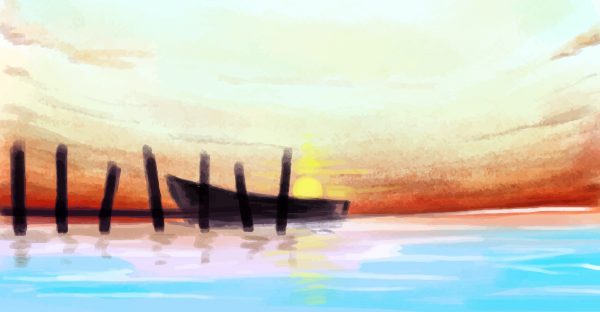 Painting of a boat tied to a dock.