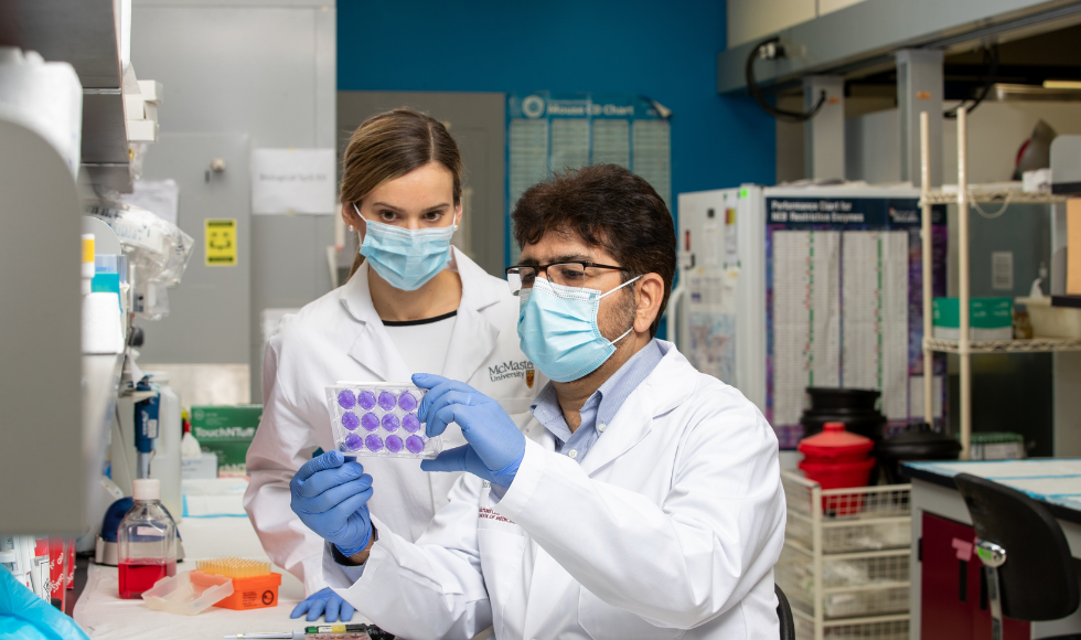 Researcher Ali Ashkar, Professor, Pathology and Molecular Medicine Graduate student Sophie Poznanski PhD Candidate looking at sample. According to the 2021 Research Infosource rankings released today, McMaster placed first in graduate student research intensity.