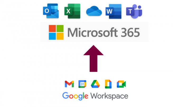 GSuite logo with an arrow pointing to Microsoft 365 logo