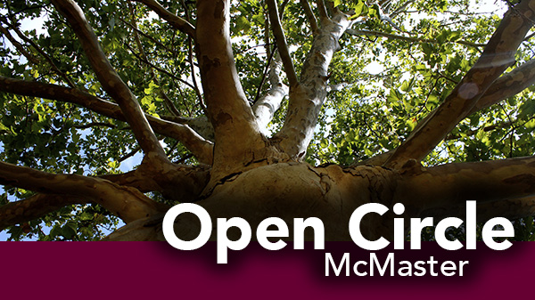 Open Circle McMaster over top of a large sycamore tree on McMaster's campus